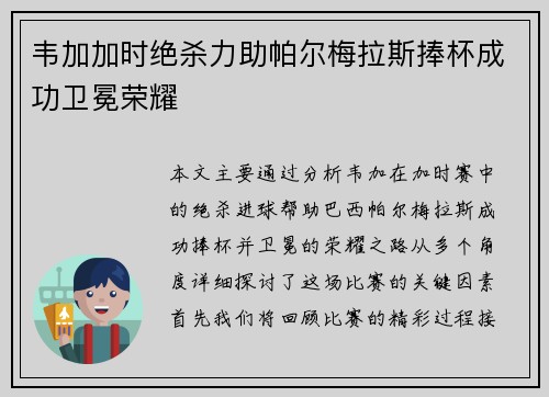 韦加加时绝杀力助帕尔梅拉斯捧杯成功卫冕荣耀